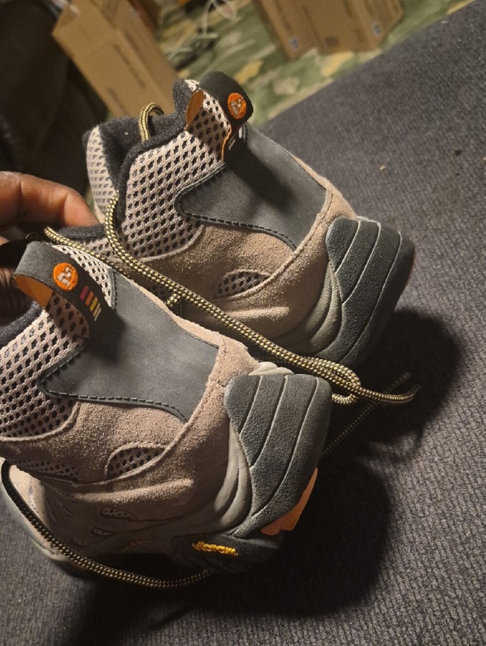 Merrell Taupe and Black Hiking Boots with Yellow Accents - Picture 4 of 9